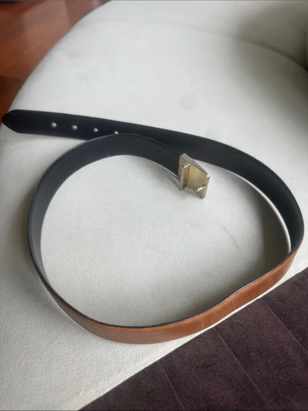 Yves Saint Laurent Black and Brown Leather Reversible Belt with Gold Logo Buckle